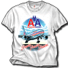 American 777-200 - A simple but dramatic design, we have the 777 with two shades of blue sky with a light peach sunset and aluminum reflections. This is a front print on a 100% cotton heavyweight shirt. Sizes S, M, L, XL and XXL 