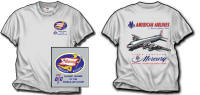 American DC-7B T-Shirt - America's DC-7 was developed as a stretched and more powerful version of the DC-6. American wanted a plane that would compete with the new "Super Constellations" other airlines were buying. The DC-7Bs had a 2-class configuration; the first-class "Mercury" cabin and the coach "Royal Coachman" cabin. The artwork is from a magazine ad circa 1954. On an ash shirt, the aircraft is large on the back while the front has the Mercury logo over the pocket. Sizes M, L, XL and XXL