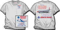 American Electra T-Shirt - The Electra: American's First Jet! American was the second largest operator of the jet-prop Electra with a total of 36 arcraft. Its 350 mph cruising speed offered a considerable competitive advantage to the slower DC-7s. Here we have the 4-engine Flagship” in full-color on an ash shirt. On the front we have the AA logo and profile over a pocket. Sizes M ,L ,XL