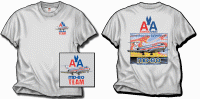 American Airlines MD-80 T-Shirt - American's MD-80 (also known as the "Super 80")! Now numbering in the hundreds, this aircraft is the mainstay of the nation's largest airline. On a cloud background with pastel shades of yellow, blue and peach, we have also included a runway of "speedlines" on this one. On the front is the "AA MD-80 Team" logo. Sizes M, L, XL and XXL