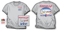 American Eagle SAAB 340B T-Shirt - The Eagle has Landed. The American Eagle SAAB 340B, that is! Skyshirts introduces its first Regional airliner shirt. In a great in-the-air pose with a brilliant blue and gold sky for a backdrop. This is the shirt for all of you regional airliner fans. Large print on the back of a 100% cotton ash shirt while the front has the small "TEAM" logo and aircraft over the heart. Sorry we are temporarily out of size Medium. You may go ahead and order size Medium, however this shirt will not be shipped until about May 1. Sizes M, L, XL, and XXL