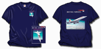 Our original British Airways Concorde has become one of our most popular shirt designs. The Concorde is truly the ultimate in airliner shirts. It has a small logo on the front in red, white and blue, while on the back we have the aircraft stretched out with the "Flying High " commentary. Six colors on a navy blue shirt. Sizes M, L, XL XXL and 3XL