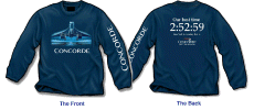 British Concorde Longsleeve Shirt - New British Airways Concorde Shirt with long sleeves! This one has the front of the Concorde taking off in shades of blue, including a sleeve print! The back says “Our Best Time” 2:52:59 (New York to London, that is) and the British Airways logotype, “Concorde”, and “British Airways.” Printed on a 100% cotton navy blue shirt. Sizes M, L, XL, XXL and 3XL