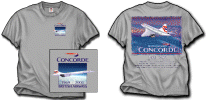 Another New British Airways Concorde Shirt. This one has the history of the Concorde and it's timeline. The front has a small left chest profile of the Concorde in the Stratosphere, while the full back has the aircraft flying into the distance with sunset cloud reflection of blue and pink. On a very attractive 100% Cotton Ice Grey shirt. Sizes M, L, XL and XXL