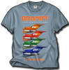 Braniff "727 Braniff Place" T-Shirt - In 1971. Braniff became the first airline to adopt "widebody" interiors for its Boeing 727 fleet, featuring a higher ceiling. sculptured window frames, enclosed overhead compartments with flush-mounted PSU's (passenger service unites), and indirect lighting. The promotion "727 Braniff Place" was used to publicize this marketing effort. And here it is, on the front of a stonewashed blue/gray shirt! Sizes M, L, XL, XXL and 3XL.