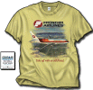 Frontier B-737-200 T-Shirt - Frontier B-737-200! Front print with the 737-200 flying over Denver. First in a series of shirts adapted from famed aviation artist Rick Broome's work! 100% Vegas Desert Gold shirt. Sizes M, L, XL and XXL