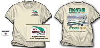 Frontier Convair 580 - A derivative of the Convair 240 was the turbo prop Convair 580. The Midwest’s regional airliner! Large back print of the aircraft, and front print featuring the ‘Fly Frontier’ logo over the heart. On a ‘natural’ (light tan) 100% cotton shirt. Sizes M, L, XL and XXL