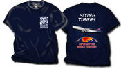 FLYING TIGERS 747 - T-SHIRT - The Flying Tigers 747! The Tiger logo on the front and a dramatic shot of a Tigers 747 on the back!. On a 100% cotton Navy Blue shirt! Sizes M, L, XL, XXL and 3XL.