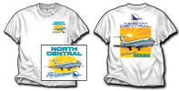 North Central DC-9 Shirt - The vivid North Central DC-9. Presenting a shirt for "The Route of the Northliners!" In the original color livery (for the DC-9's) we have the blue and turquoise flying out of a golden sky on a 100% white cotton shirt. Large aircraft print on the back, with a smaller design with "Fly Herman" on the front. Sizes M, L and XL and XXL