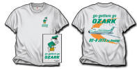 Ozark DC-9 Shirt - The mainstay of the midwest before merger-mania had to have been Ozark. And here we have another DC-9 in the regional’s popular two-tone green paint scheme. The front has the “go-getter-bird” over the heart, while on the back we have the aircraft with a bright orange “bird" accent behind it, all on a 100% cotton white shirt. Sizes M, L, and XL and XXL