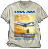 Pan Am B-747SP T-Shirt - The Pan Am B-747SP! This is one great shirt....With all the detail you expect from us. Needless to say, the SP was so short, we can print it really BIG! Shown with the older Pan Am livery in the background at the newly renamed Kennedy International Airports. On a high-quality Natural (light tan) colored shirt! Sizes M, L, XL and XXL