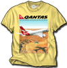 Qantas A-380 T-Shirt - The Mega-Jumbo is here. Long in coming to Fruition, the Qantas A-380 is now flying, and skyshirts has the world's newest aircraft ready for you to wear! Taken directly from a Qantas advertising poster, we have the A-380 flying over the Outback overshadowing the Queensland and Northern Territory's first bi-plane. All on a rich outback shade Gildan Honey colored 100% cotton shirt! Sizes M, L, XL and XXL