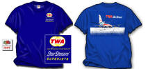 TWA 707 at Idlewild - Another classic magazine advertisement we made into a t-shirt shows the terminal at what was then Idlewild Airport. We have reproduced the Starstream 707 (with a Convair 880 in the background) from an old magazine ad. Printed in six colors with the large Idlewild print on the back, and small logo type over the heart on the front. Sizes M, L, XL and XXL