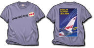 TWA 707 "Up, Up and Away" - Reproduced from a poster advertising TWA's JetStream 707 Service is our newest addition to the carriers heritage. On a 100% cotton Iris Blue shirt the design has the 'Up, Up and Away" slogan on the front, with the "World's Fastest Jetliner" poster on the back! Sizes M, L, XL and XXL