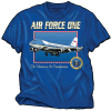 Air Force One T-Shirt - You couldn't exactly call this an 'airliner'. but flying Air Force One would certainly be flying 'First Class'. This classy design is printed on the front of an 'Executive Royal Blue' shirt. The aircraft has all the additional antenna and other details. The Presidential Seal is there also, with highlights in metallic gold. At the top is the Air Force One lettering in a simulated chrome effect.