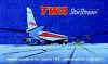 TWA 707 - So many people went crazy over the TWA Connie pictured, the manufacturers decided to do another "TeeWay" design, but this one from the jet age. They have reproduced the Boeing 707 (with a Convair 880 in the background) from an old magazine ad. Printed in six colors with the large Idlewild print on the back, and small logo type over the heart on the front.